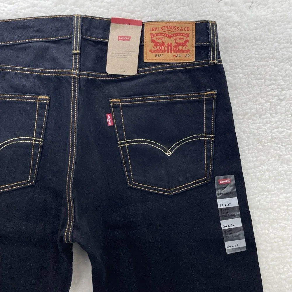 Levis 513 Jeans Mens 34x32 Blue Black Slim Straight Dark Wash Stretch Denim NEW